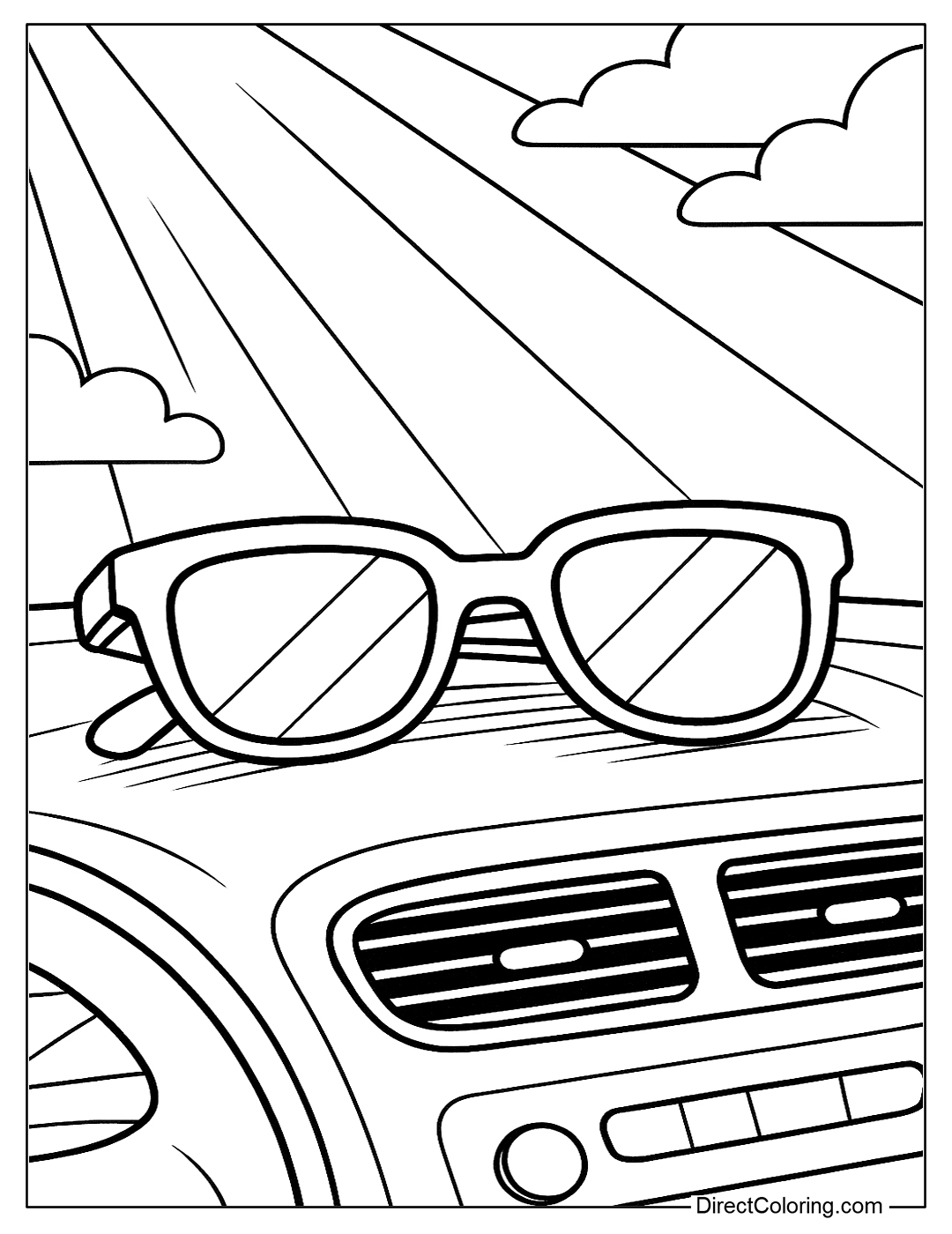 coloring page Sunglasses lying on the car dashboard with the light shining on them